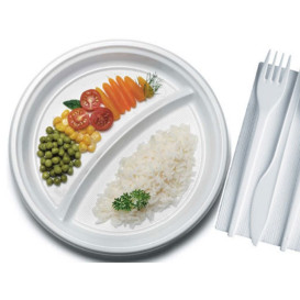 Piatto di Plastica PS 2 Scomparti Bianco 220mm (100 Pezzi)