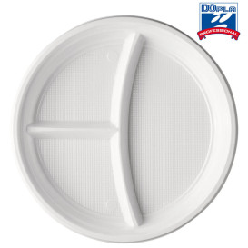 Piatto di Plastica PS 3 Scomparti Bianco 220mm (1400 Pezzi)