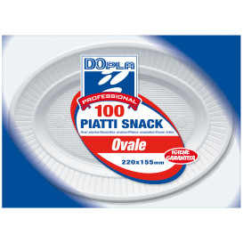 Piatto di Plastica PS Ovale Piano Bianco (100 Pezzi)