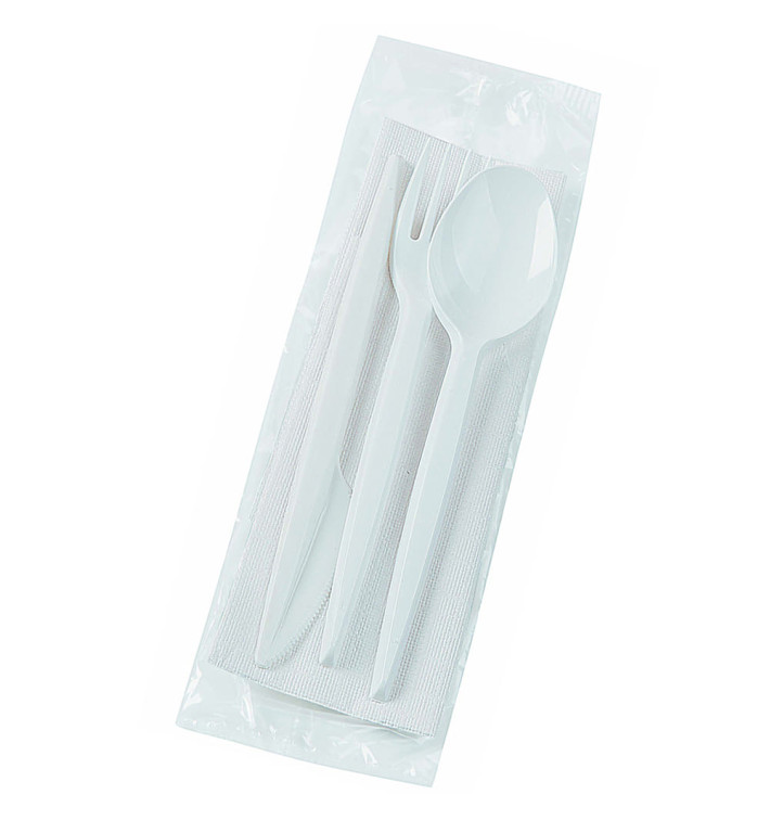 Set Posate di Plastica Forchetta, Coltello, Cucchiaio e Tovagliolo Bianco (25 Pezzi) Set Posate di Plastica Forchetta, Coltello, Cucchiaio e Tovagliolo Bianco (25 Pezzi)