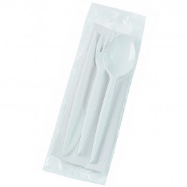 Set Posate di Plastica Forchetta, Coltello, Cucchiaio e Tovagliolo Bianco (500 Pezzi)