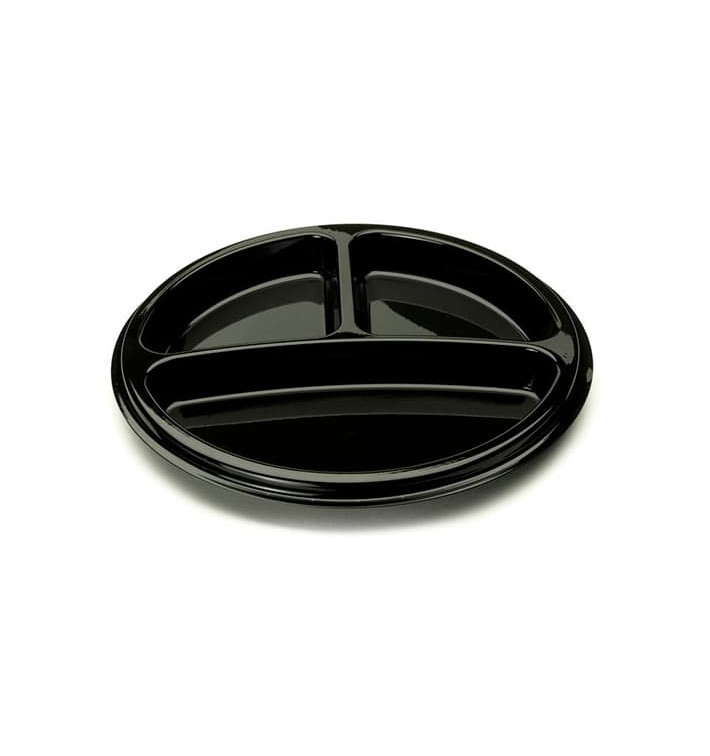 Piatto Plastica Tondo 3 Comparti Nero 26 cm (25 Pezzi)