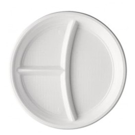 Piatto di Plastica PS 3 Scomparti Bianco 220mm (1400 Pezzi)