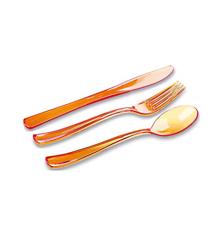 Set Posate Plastica Forchetta, Coltello, Cucchiaio Arancione (1 Kit)