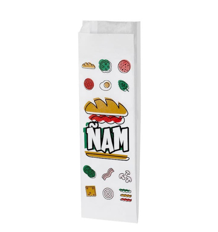 Sacchetto per Baguette Antigrasso "Ñam" 10+4x29cm (1000 Pezzi) Sacchetto per Baguette Antigrasso "Ñam" 10+4x29cm (1000 Pezzi)