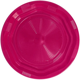 Piatto Fondi Tondo Ottogonale Plastica PS Fucsia Ø220 mm (25 Pezzi)