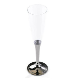 Calice di Plastica Flute Gambo Argento 100ml (10 Pezzi)