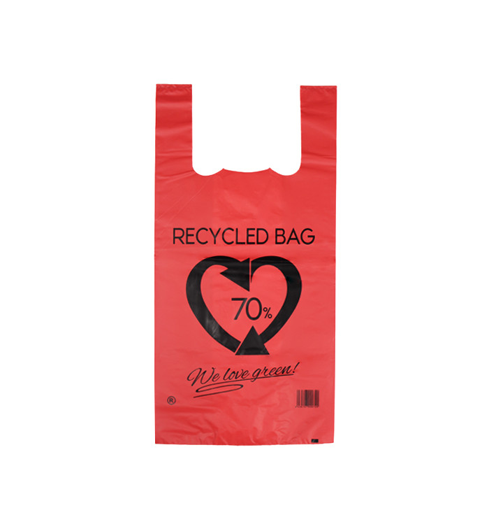 Sacchetto di Plastica Canottiera 70% Riciclato Rosso 42x53cm 50µm (50 Pezzi) Sacchetto di Plastica Canottiera 70% Riciclato Rosso 42x53cm 50µm (50 Pezzi)