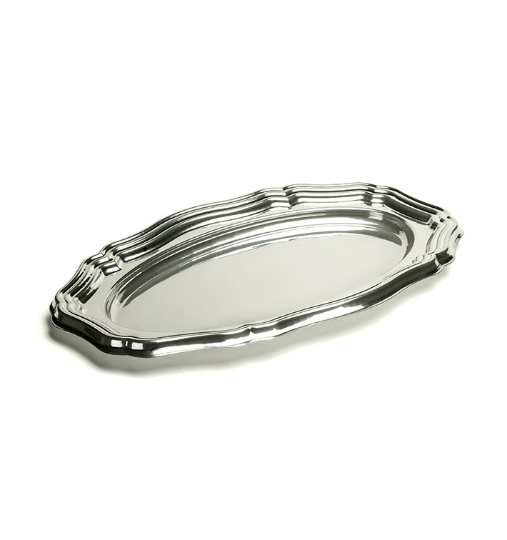 Vassoio di Plastica Ovale Argento 40x27 cm (50 Pezzi) Vassoio di Plastica Ovale Argento 40x27 cm (50 Pezzi)