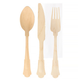 Set Posate e Tovagliolo in Legno 20cm (100 Pezzi)