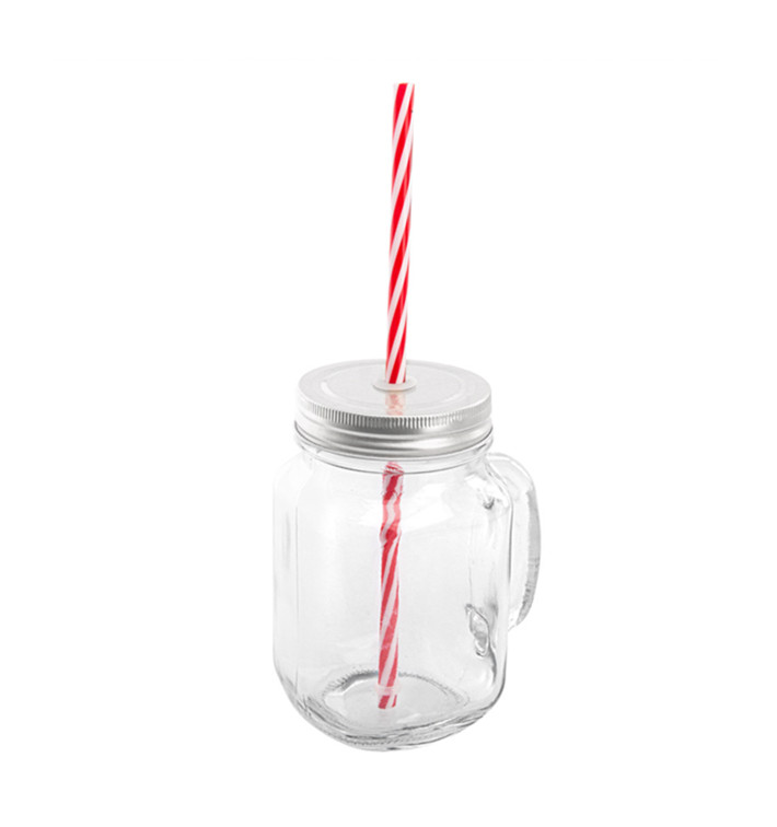 Caraffa di Vetro con Coperchio e Cannuccia 450 ml (1 Pezzi) Caraffa di Vetro con Coperchio e Cannuccia 450 ml (1 Pezzi)