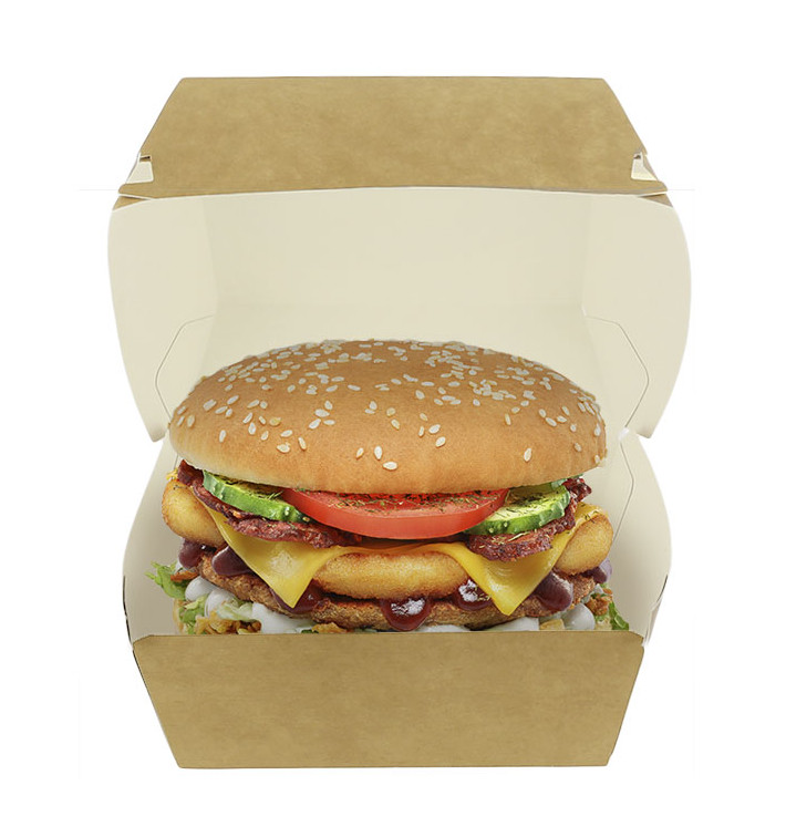 Scatola Hamburger Mega di Cartone Kraft Doppia Chiusura 15,5x15,5x10cm (200 Pezzi) Scatola Hamburger Mega di Cartone Kraft Doppia Chiusura 15,5x15,5x10cm (200 Pezzi)