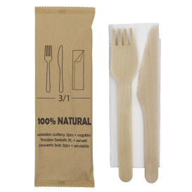 Set Posate in Legno Forchetta, Coltello, Tovagliolo (25 Pezzi)