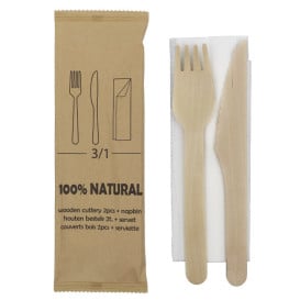Set Posate in Legno Forchetta, Coltello, Tovagliolo (600 Pezzi)