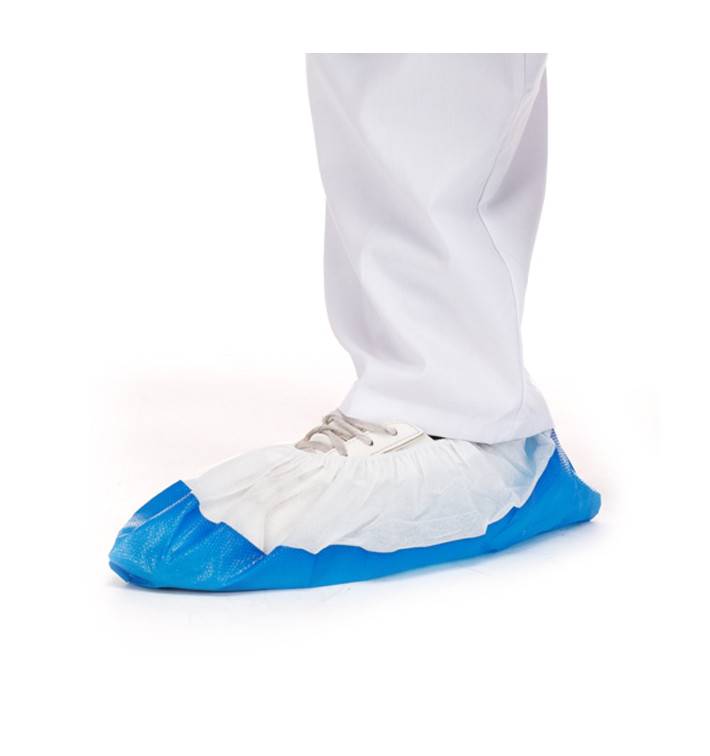 Copriscarpe TNT Di PP con Suola Antiscivolo CPE Bianco/Blu (100 Pezzi)