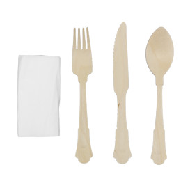 Set de Forchetta, Coltello, Cucchiaio e Tovagliolo in Legno “Classic” 20cm (100 Pezzi)