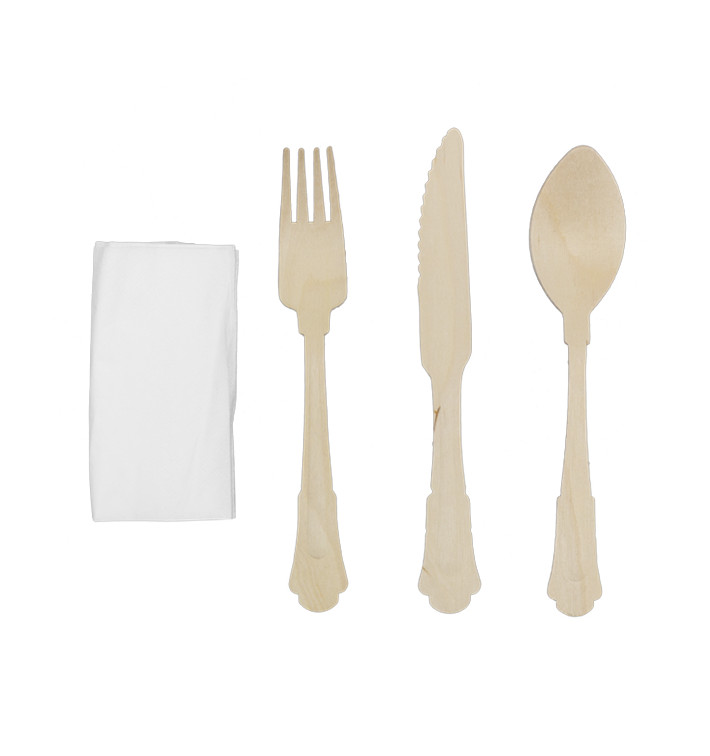 Set de Forchetta, Coltello, Cucchiaio e Tovagliolo in Legno “Classic” 20cm (100 Pezzi) Set de Forchetta, Coltello, Cucchiaio e Tovagliolo in Legno “Classic” 20cm (100 Pezzi)
