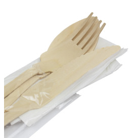 Set de Forchetta, Coltello, Cucchiaio e Tovagliolo in Legno “Classic” 20cm (100 Pezzi)