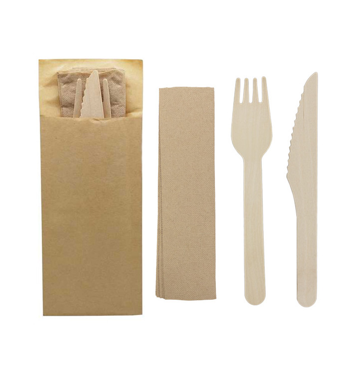 Set Posate Legno Forchetta, Coltello e Tovagliolo (1.200 Pezzi) Set Posate Legno Forchetta, Coltello e Tovagliolo (1.200 Pezzi)