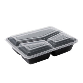 Contenitore in Plastica PP Nero Riutilizzabile 3S con Coperchio 930ml 23x18cm (50 Pezzi)