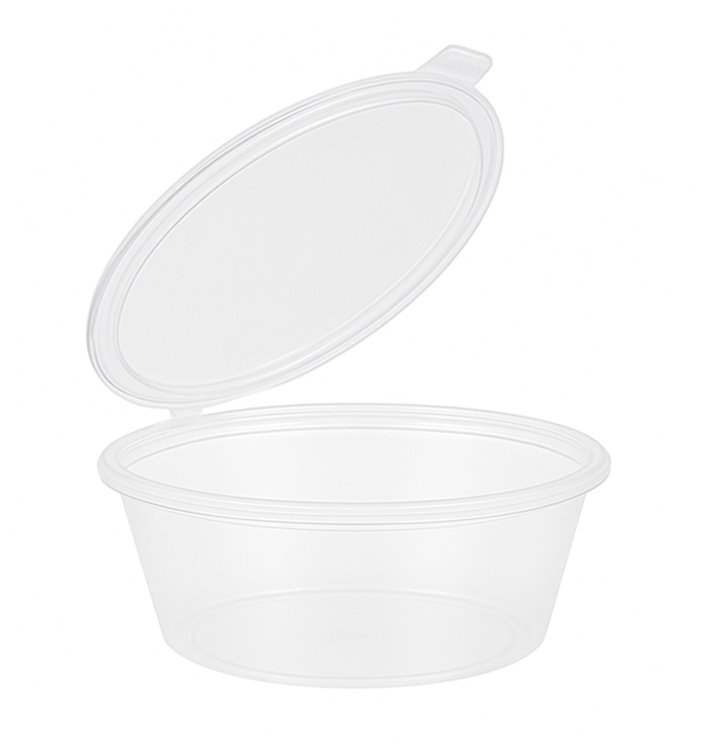 Contenitore con Coperchio Cerniera per Salse PP 6Oz/180ml (1.000 Pezzi) Contenitore con Coperchio Cerniera per Salse PP 6Oz/180ml (1.000 Pezzi)