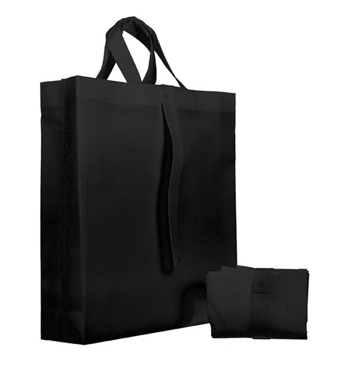 Sacchetto PREMIUM Pieghevole Non Tessuto Manico Corto Nero 40+15x40cm (25 Pezzi) Sacchetto PREMIUM Pieghevole Non Tessuto Manico Corto Nero 40+15x40cm (25 Pezzi)