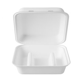 Contenitore Porta Tacos con Coperchio Incernierato in Polpa di Cellulosa Bianco 3 Scomparti 41x48x40cm (300 Pezzi)