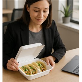 Contenitore Porta Tacos con Coperchio Incernierato in Polpa di Cellulosa Bianco 3 Scomparti 41x48x40cm (50 Pezzi)