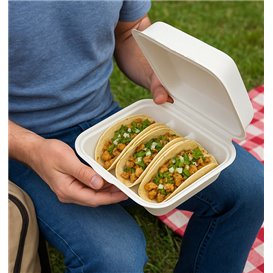 Contenitore Porta Tacos con Coperchio Incernierato in Polpa di Cellulosa Bianco 3 Scomparti 41x48x40cm (50 Pezzi)