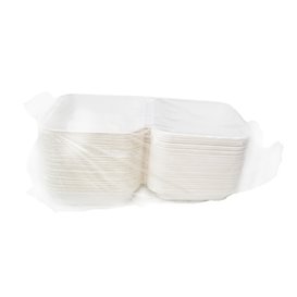 Contenitore Porta Tacos con Coperchio Incernierato in Polpa di Cellulosa Bianco 3 Scomparti 20x20x7,5cm (50 Pezzi)