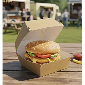 Scatola Hamburger Mega di Cartone Kraft Doppia Chiusura 15,5x15,5x10cm (200 Pezzi)