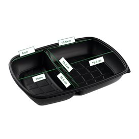 Contenitore di Plastica PP Riutilizzabile Nero 2S 1300ml 28x20x4cm (150 Pezzi)