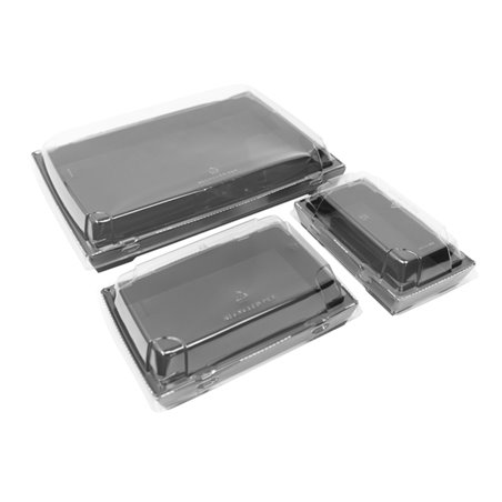 Confezione in cartone nera per sushi aperta che mostra l’interno