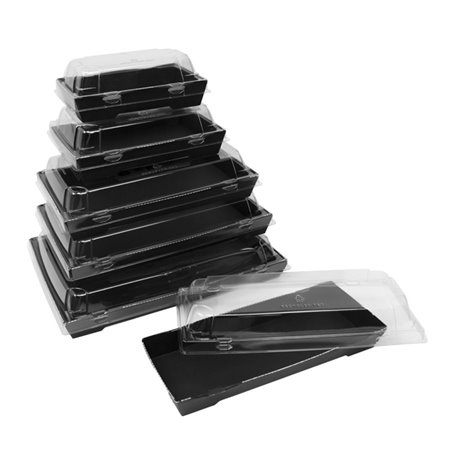 Confezione in cartone nera per sushi presentata con menu