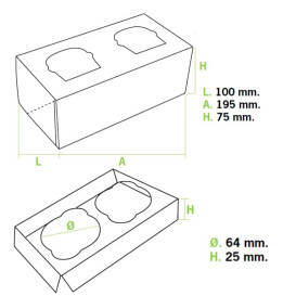 Scatola 2 Cupcakes con Inserto 19,5x10x7,5cm Bianco (20 Pezzi)