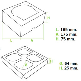 Scatola 4 Cupcakes con Inserto 17,3x16,5x7,5cm Bianco (140 Pezzi)