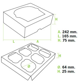 Scatola 6 Cupcakes con Inserto 24,3x16,5x7,5cm Bianco (20 Pezzi)